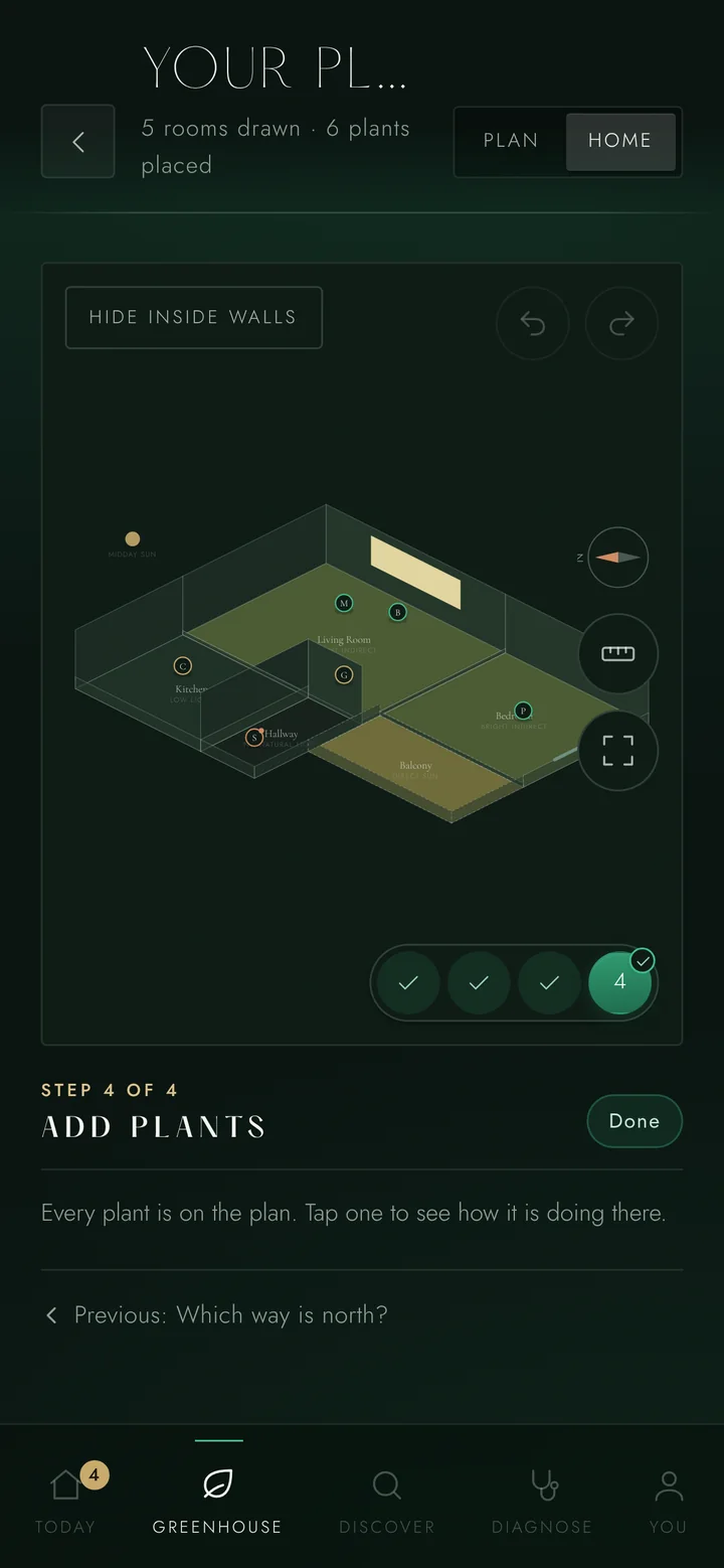Sprout's plan of a five-room flat, drawn in three dimensions and shaded by light: the balcony and living room glowing warm, the kitchen dimmer, the hallway dark. Six plants sit as markers in the rooms they live in.